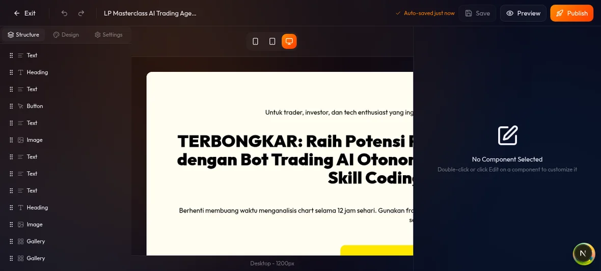 builder terbuka dengan landing page hasil AI