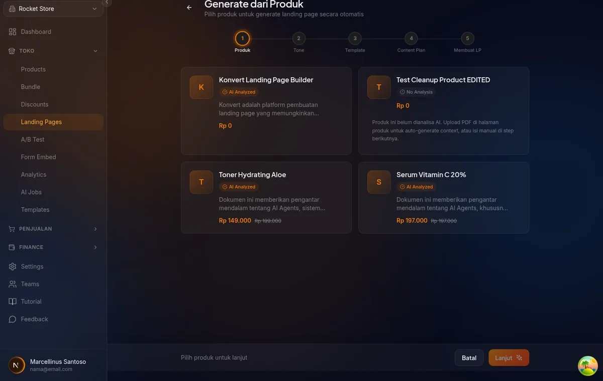 Step 1 Pilih Produk di halaman /landing-pages/ai-guided-v3/input — grid kartu produk