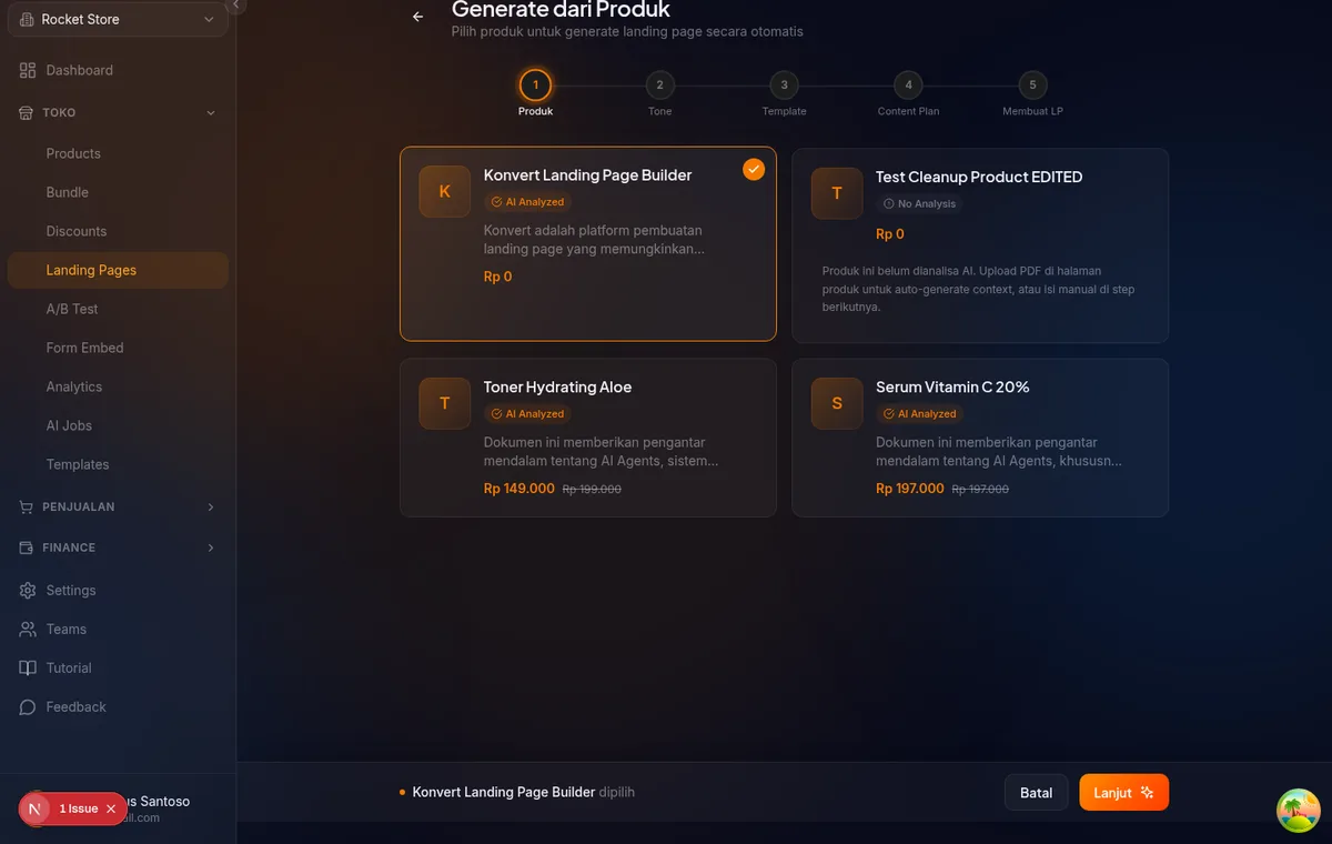 Step 2 Pilih Tone di halaman /landing-pages/ai-guided-v3/tone — kartu Agresif, Profesional, Friendly