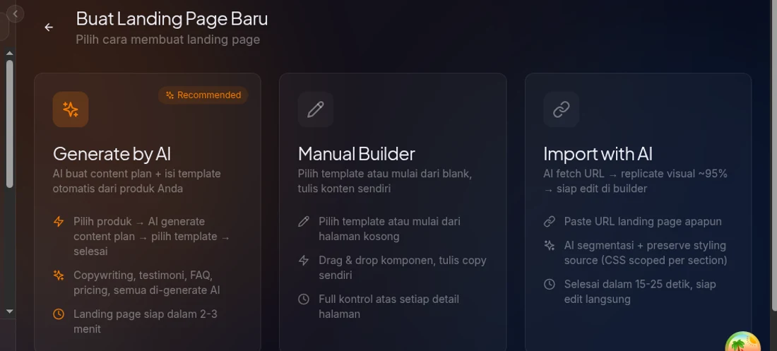 Pilih cara buat landing page: AI, Manual Builder, atau Import