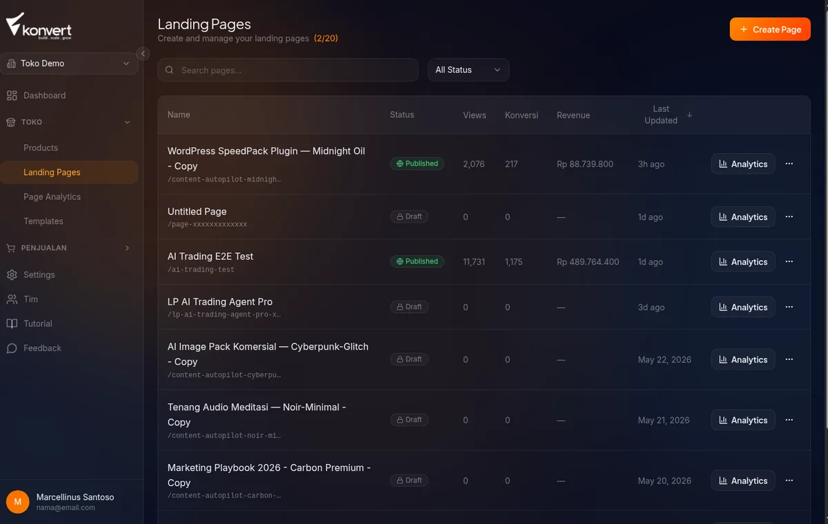daftar landing pages dengan satu LP "live" — tombol Edit di kanan