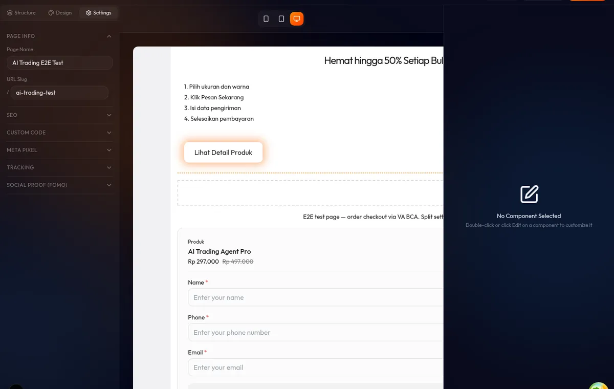 H2 rata kiri sebagai section title di bawah H1, hierarki ukuran teks terlihat jelas di canvas builder