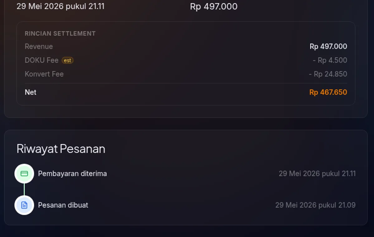 card "Riwayat Pesanan" — timeline vertikal dengan beberapa event, masing-masing bertimestamp