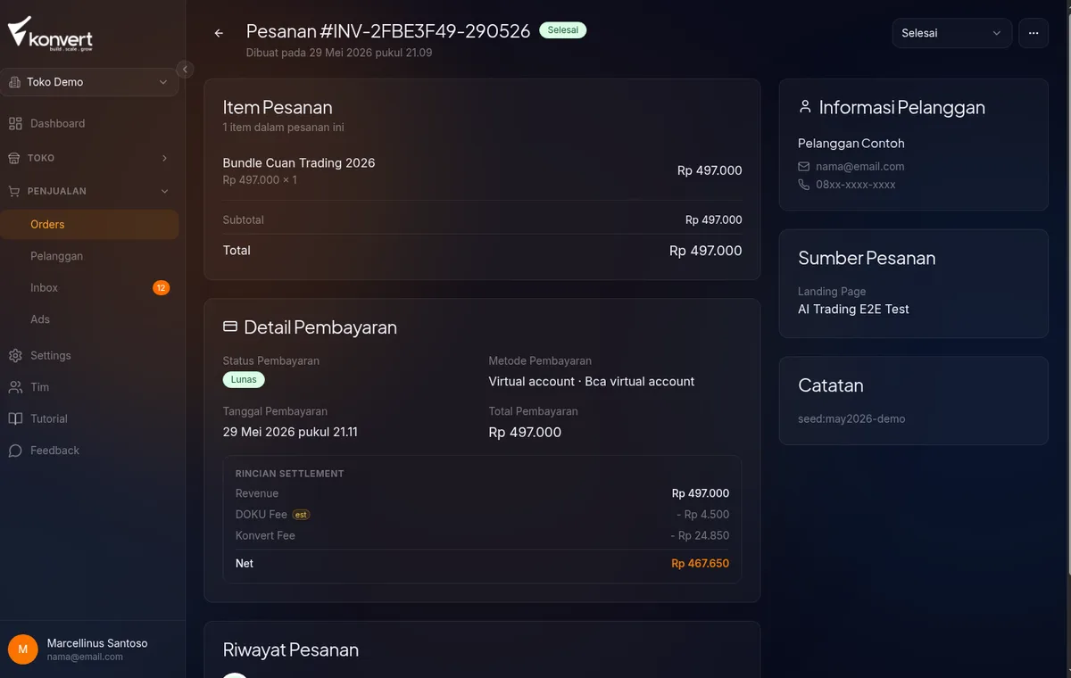 halaman detail order — menampilkan header dengan badge status, lalu card-card info di bawahnya