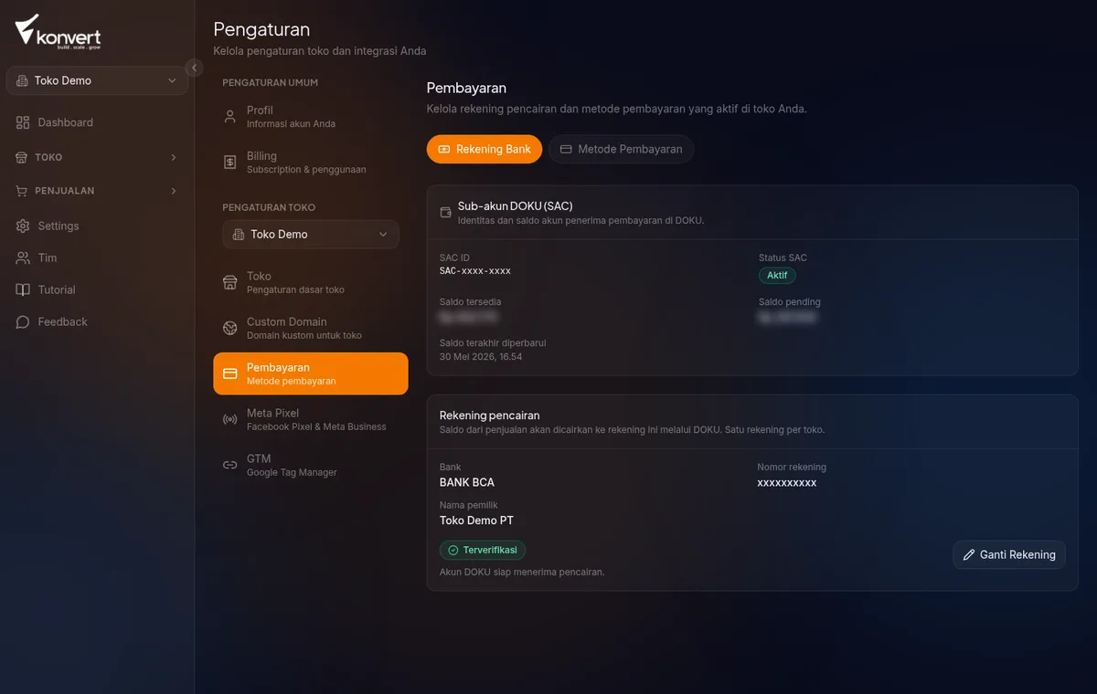 Halaman Settings → Pembayaran saat SAC belum dibuat — tampil tombol Connect Payment Gateway