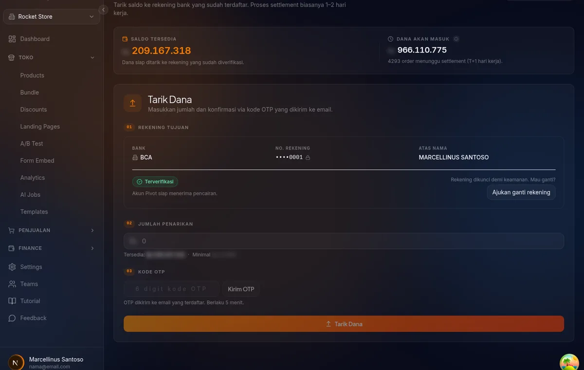 halaman /finance/withdraw — card Saldo Tersedia dan Dana Akan Masuk di bagian atas