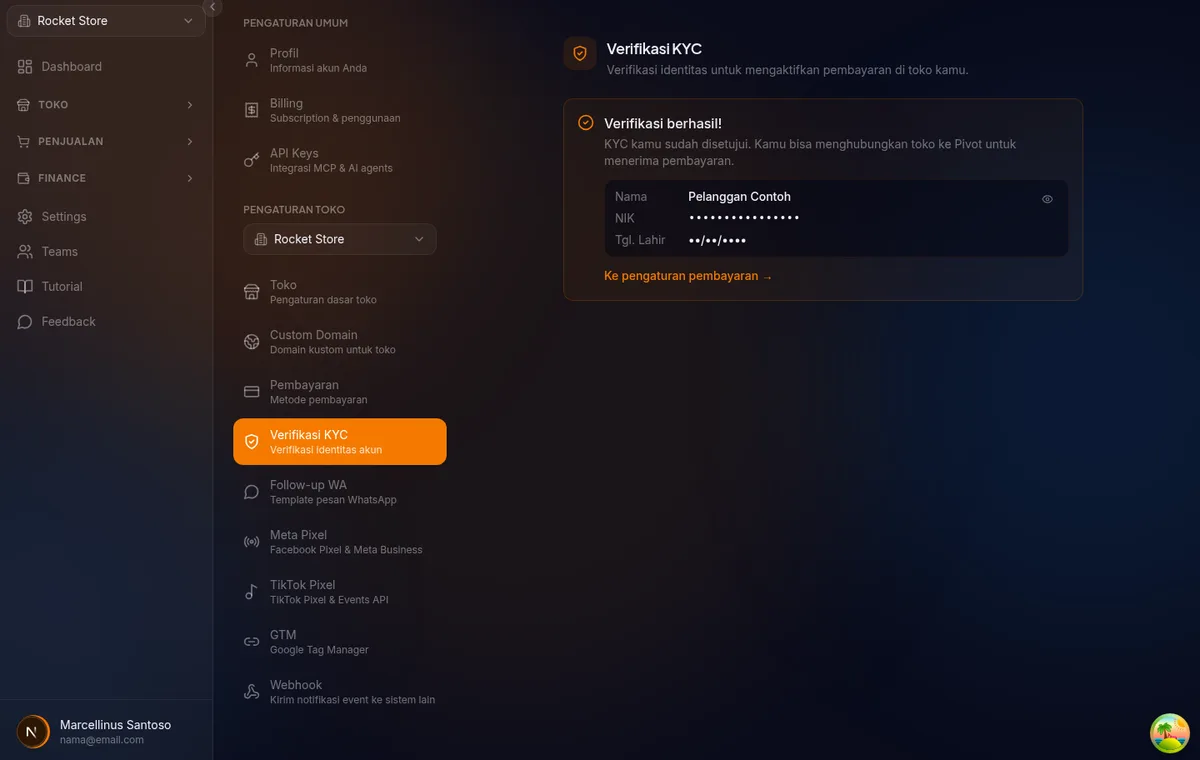 banner status verifikasi di /settings/kyc — status Terverifikasi dengan badge hijau