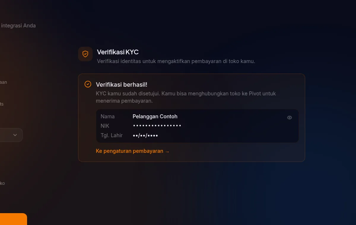 banner "Verifikasi berhasil" di /settings/kyc dengan data identitas disamarkan dan ikon mata untuk menampilkan